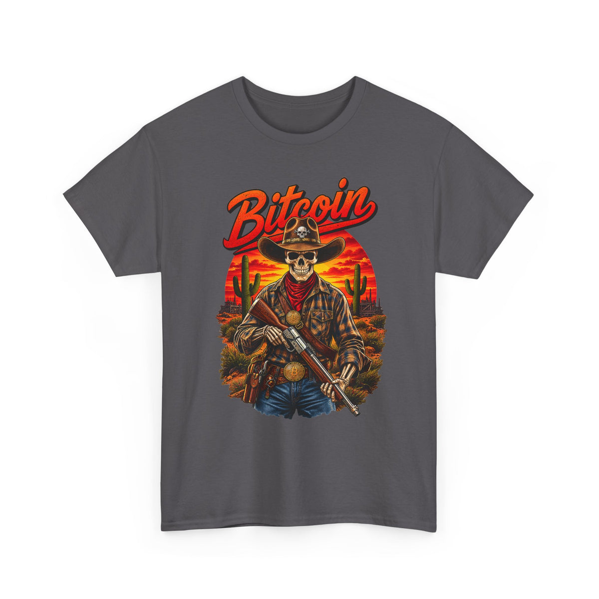 Bitcoin Cowboy Tee | Skeleton Gunslinger, Desert Sunset Crypto Design