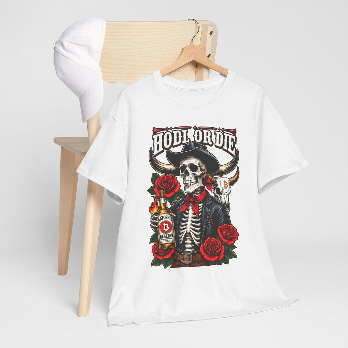 Hodl or Die Skull Cowboy Tee — Crypto HODL Shirt with Roses & Whiskey