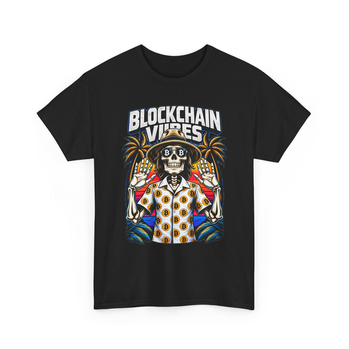 Blockchain Vibes Tee | Skeleton Palm Trees Crypto Surf Shirt