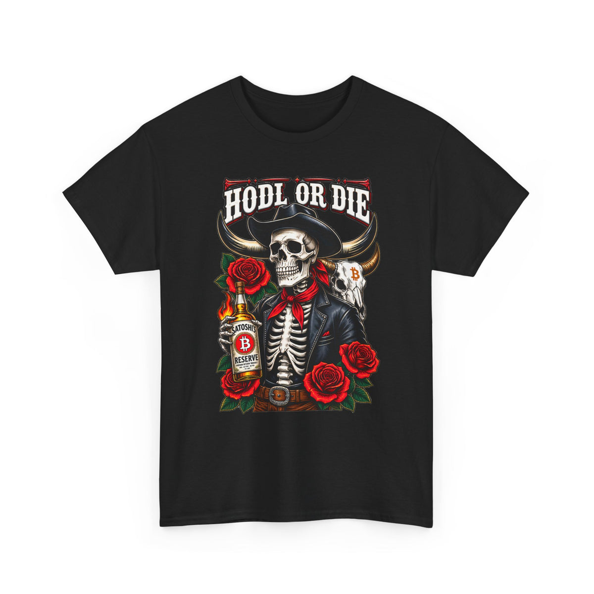 Hodl or Die Skull Cowboy Tee — Crypto HODL Shirt with Roses & Whiskey