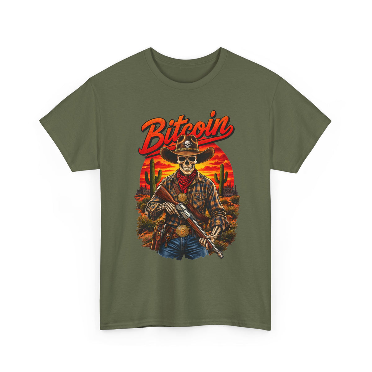 Bitcoin Cowboy Tee | Skeleton Gunslinger, Desert Sunset Crypto Design