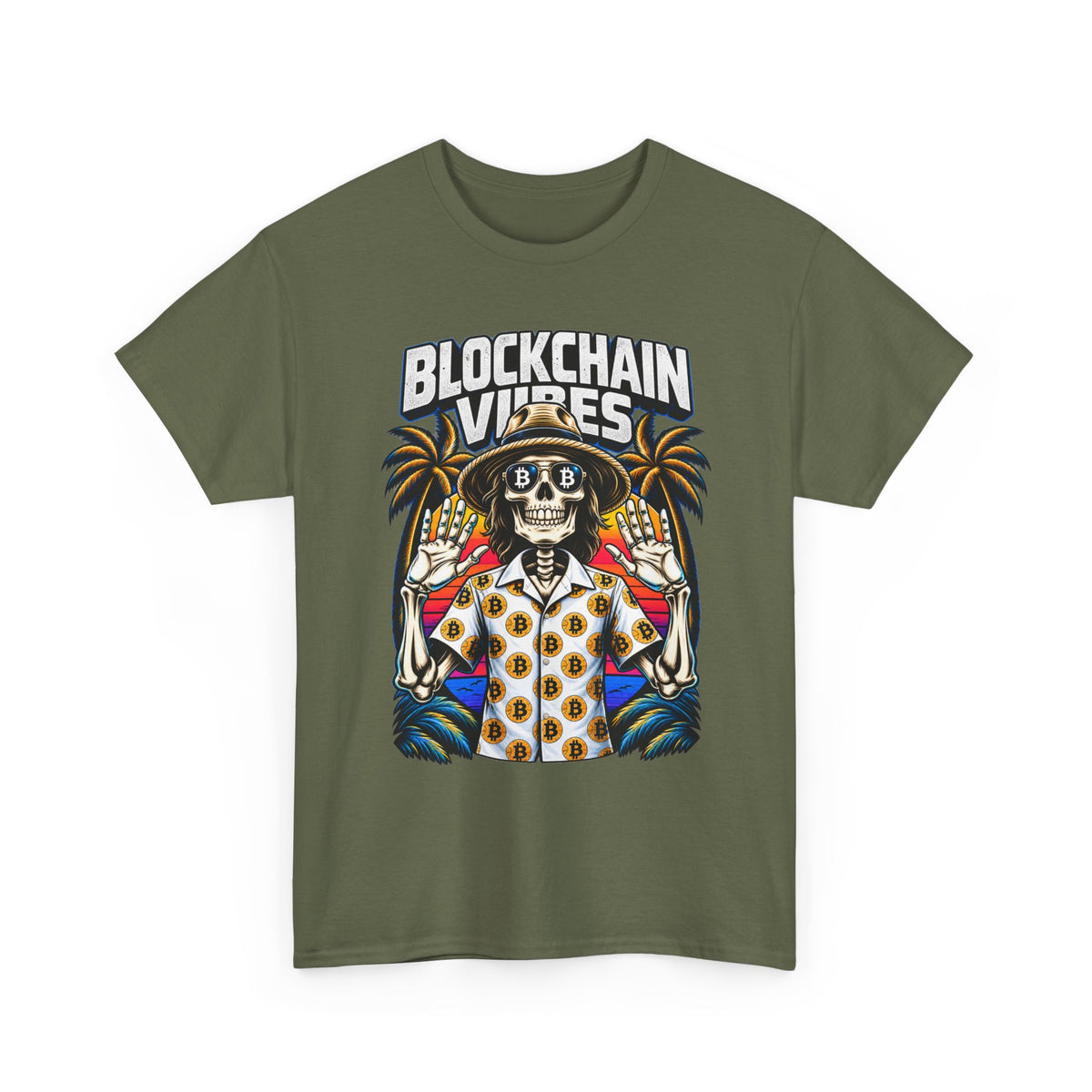 Blockchain Vibes Tee | Skeleton Palm Trees Crypto Surf Shirt