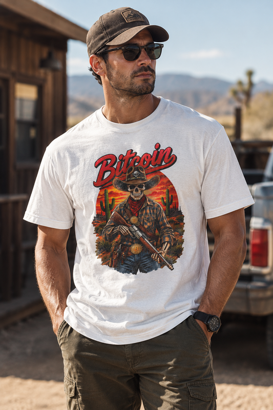 Bitcoin Cowboy Tee | Skeleton Gunslinger, Desert Sunset Crypto Design