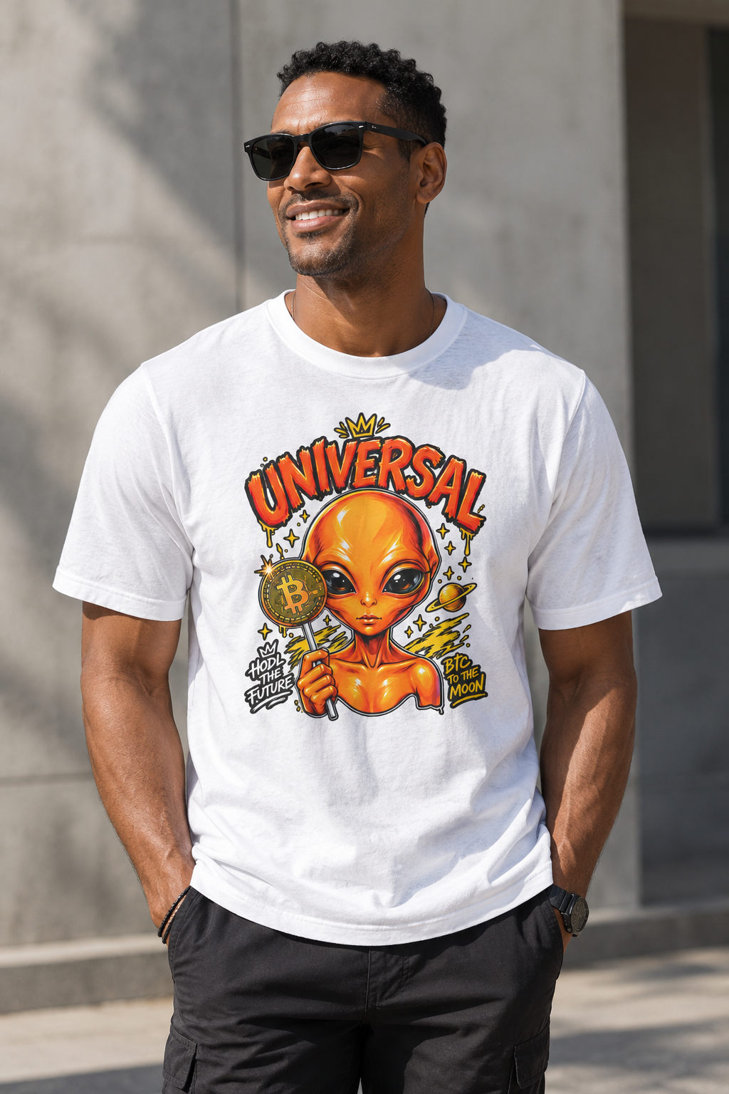 Universal Alien Bitcoin Graphic T-Shirt