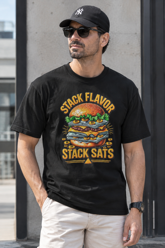 Burger Stack T‑Shirt — "Stack Flavor, Stack Sats" Retro Food Graphic Tee
