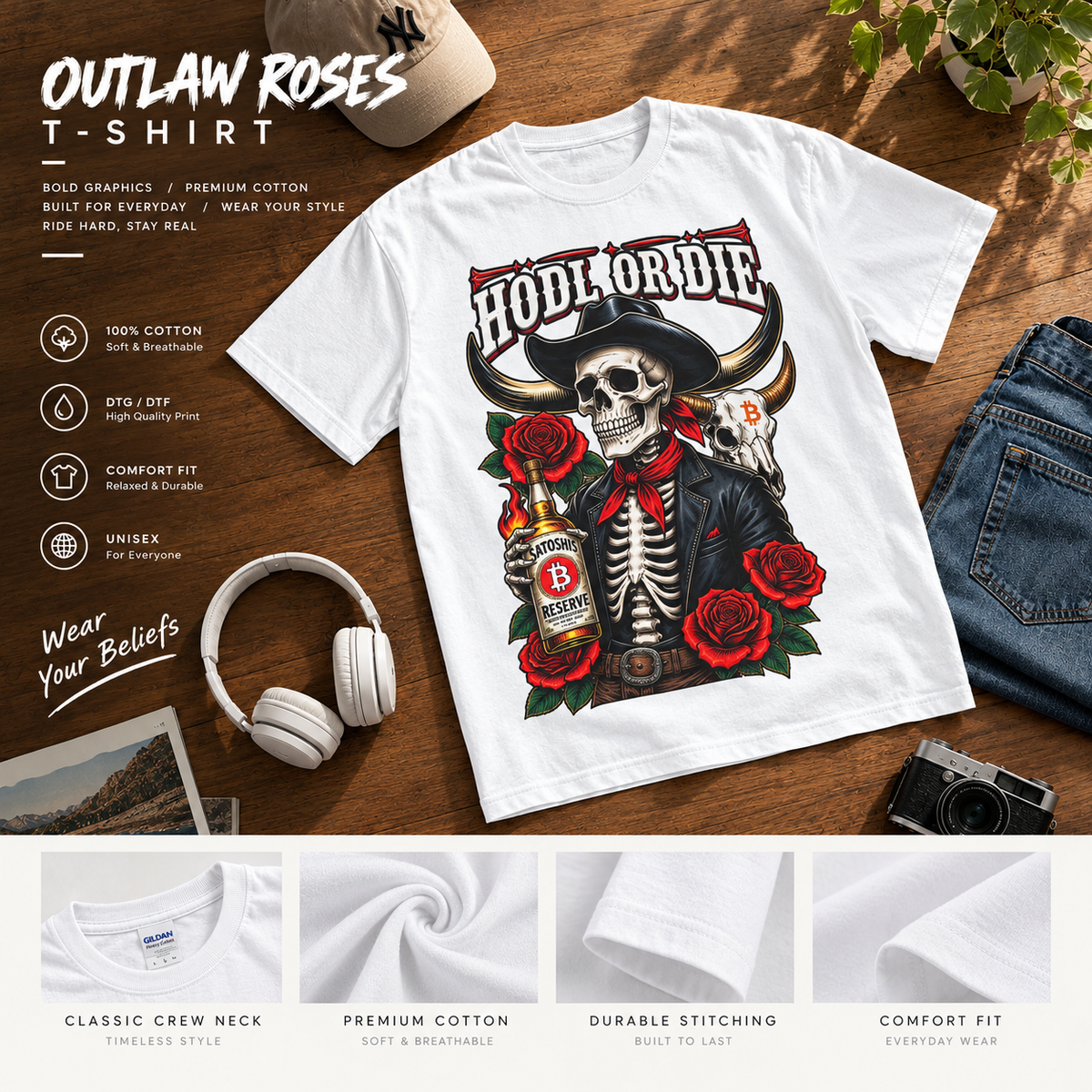 Hodl or Die Skull Cowboy Tee — Crypto HODL Shirt with Roses & Whiskey