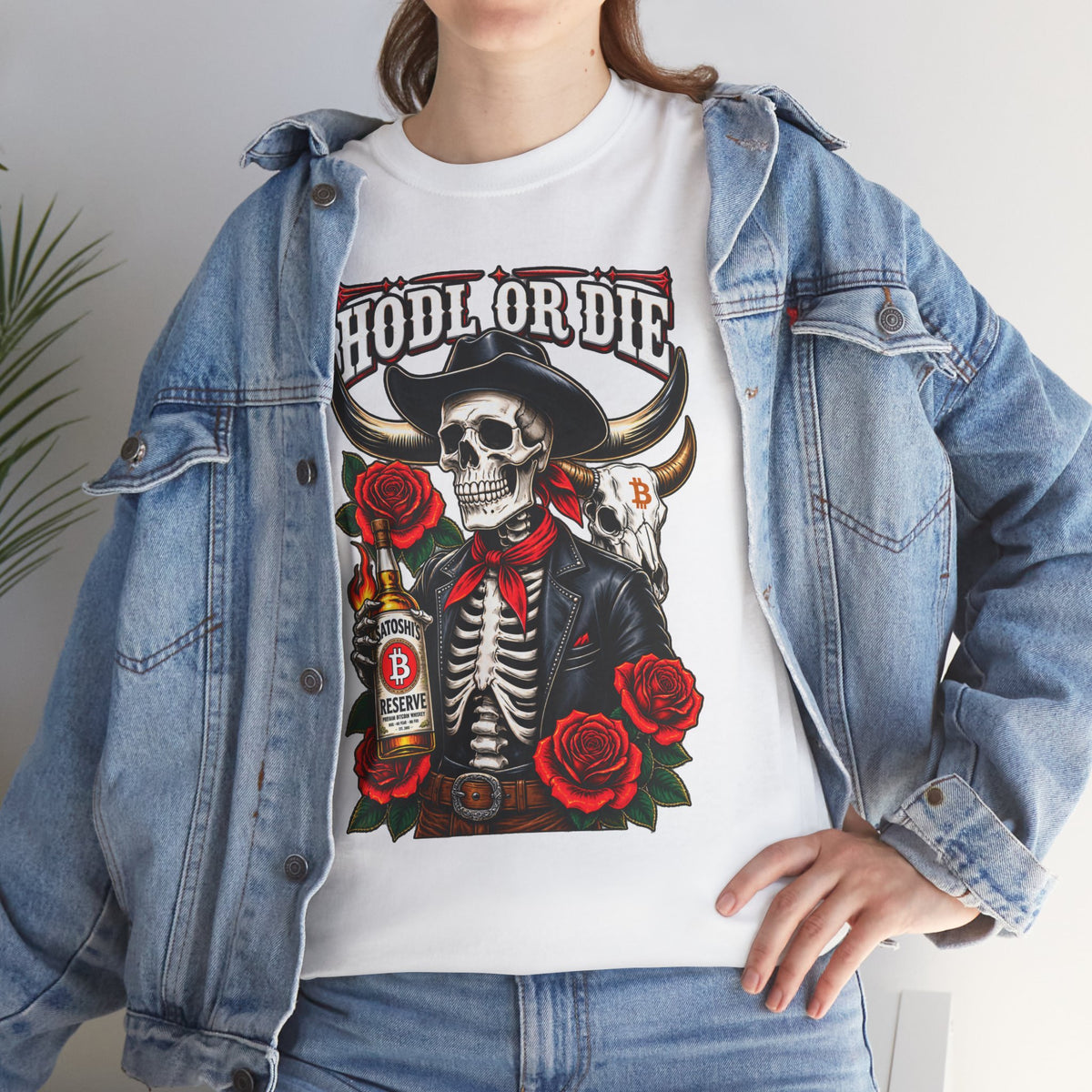 Hodl or Die Skull Cowboy Tee — Crypto HODL Shirt with Roses & Whiskey