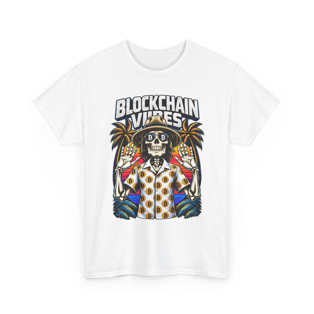 Blockchain Vibes Tee | Skeleton Palm Trees Crypto Surf Shirt