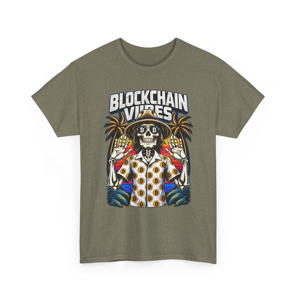 Blockchain Vibes Tee | Skeleton Palm Trees Crypto Surf Shirt