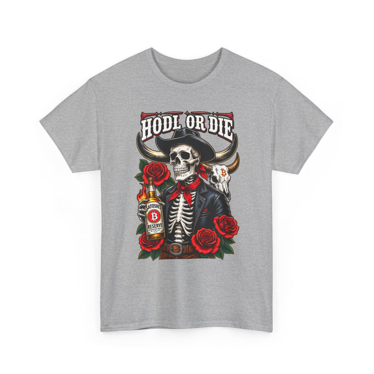 Hodl or Die Skull Cowboy Tee — Crypto HODL Shirt with Roses & Whiskey