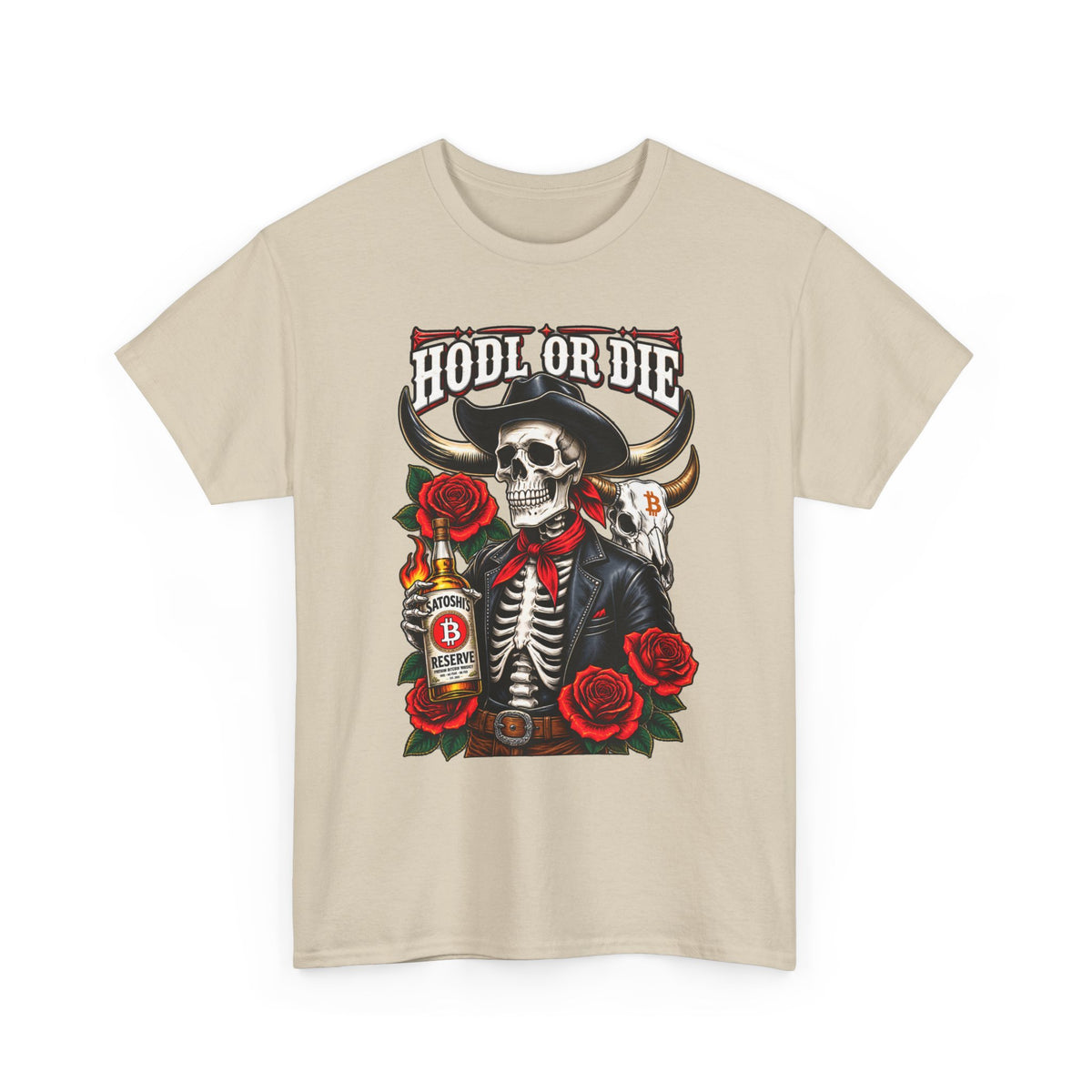 Hodl or Die Skull Cowboy Tee — Crypto HODL Shirt with Roses & Whiskey