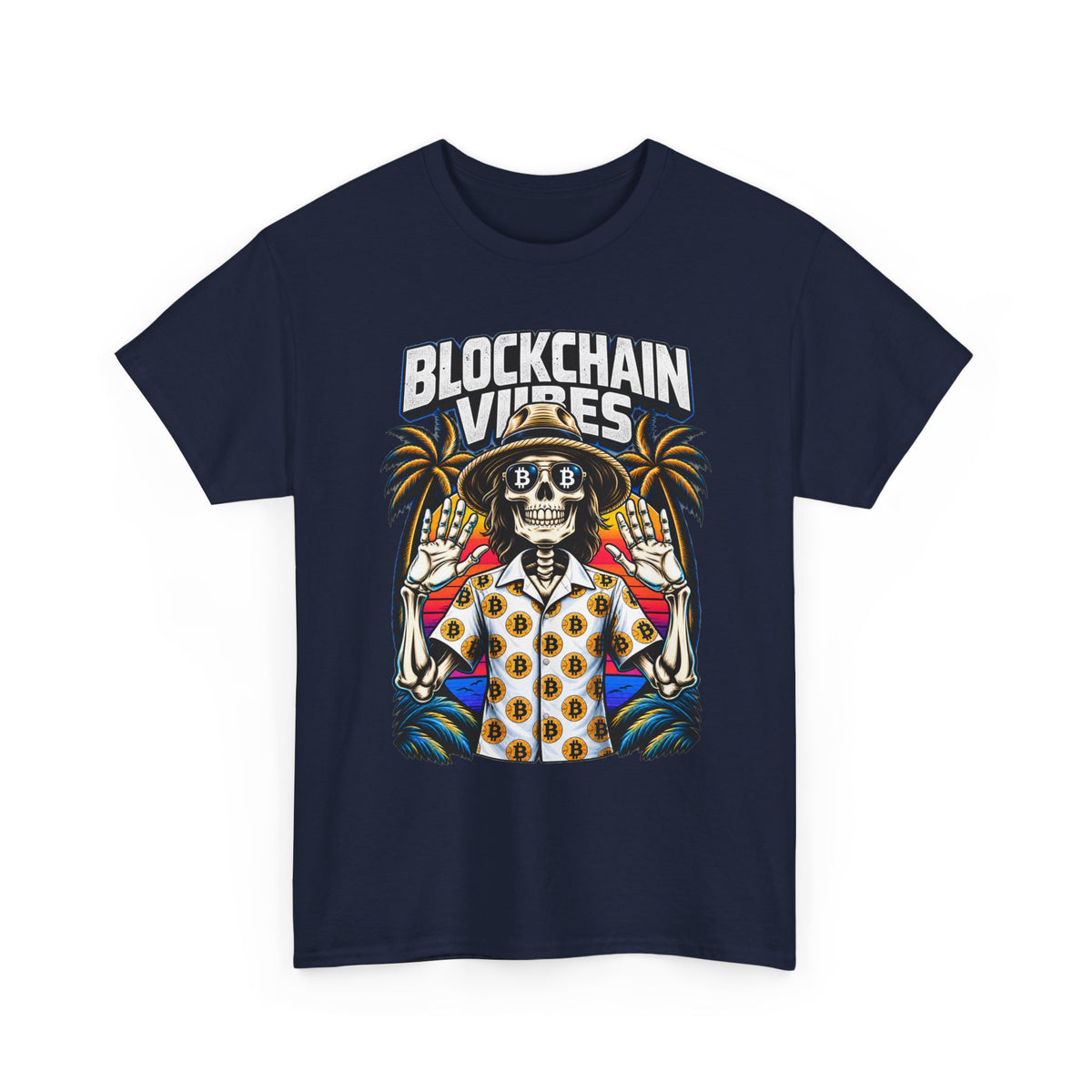 Blockchain Vibes Tee | Skeleton Palm Trees Crypto Surf Shirt