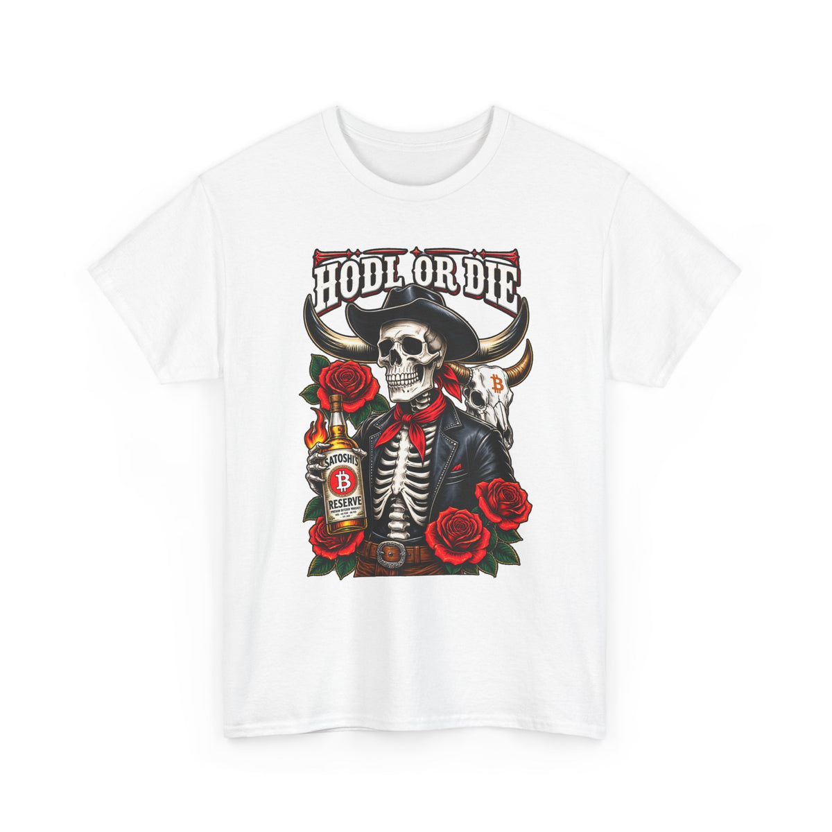 Hodl or Die Skull Cowboy Tee — Crypto HODL Shirt with Roses & Whiskey