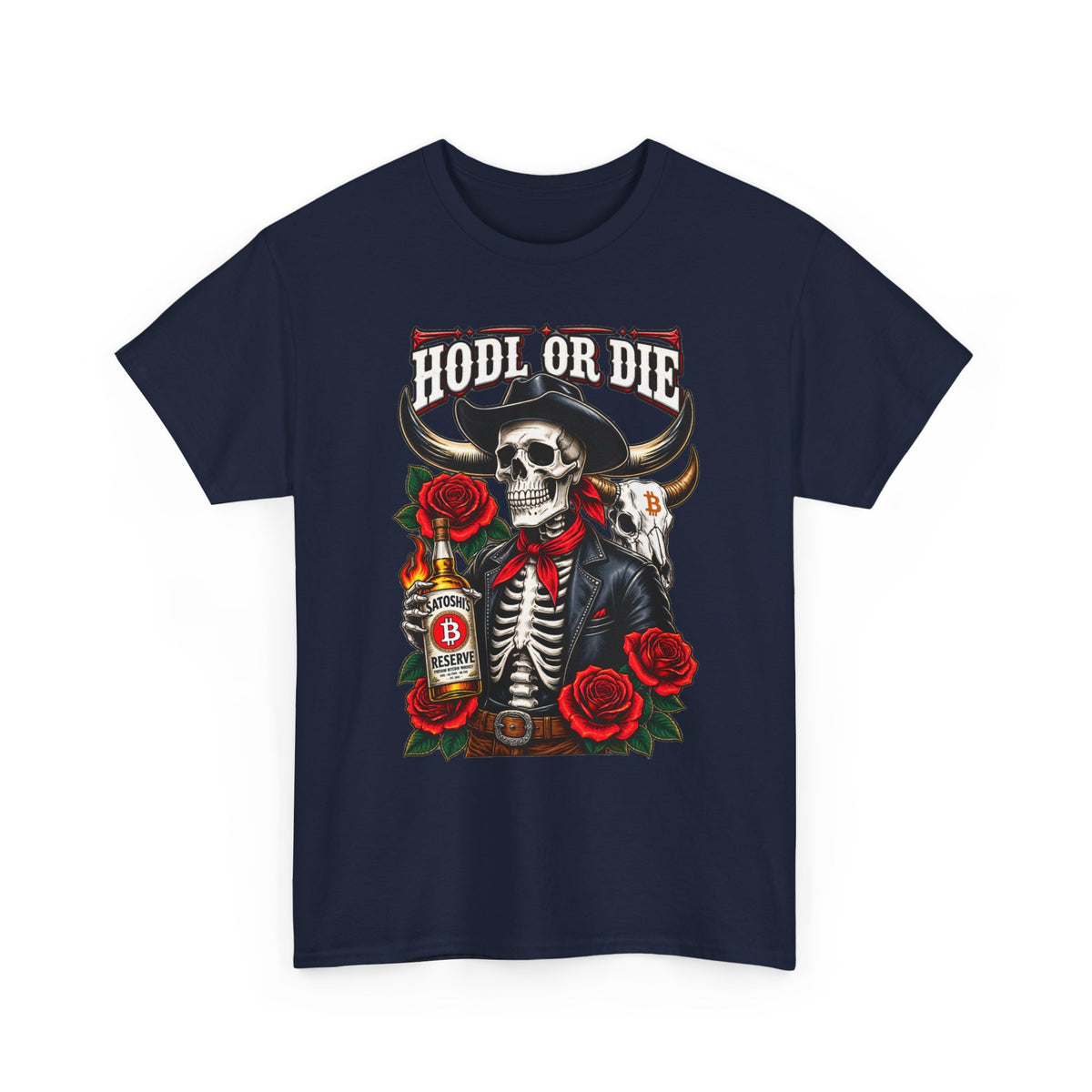 Hodl or Die Skull Cowboy Tee — Crypto HODL Shirt with Roses & Whiskey