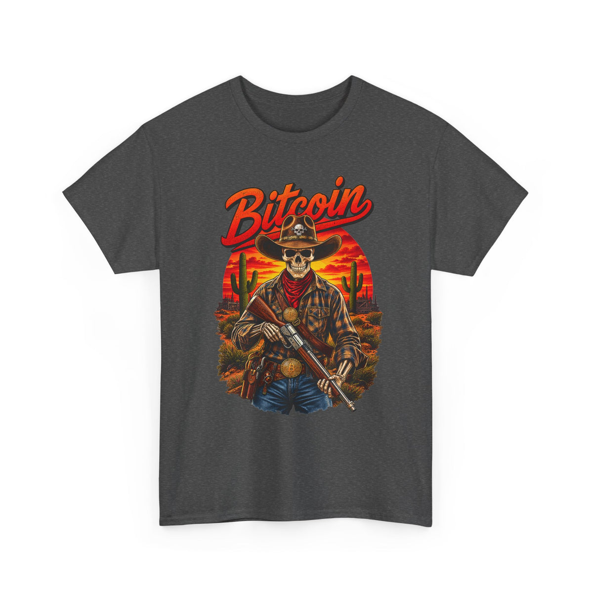 Bitcoin Cowboy Tee | Skeleton Gunslinger, Desert Sunset Crypto Design