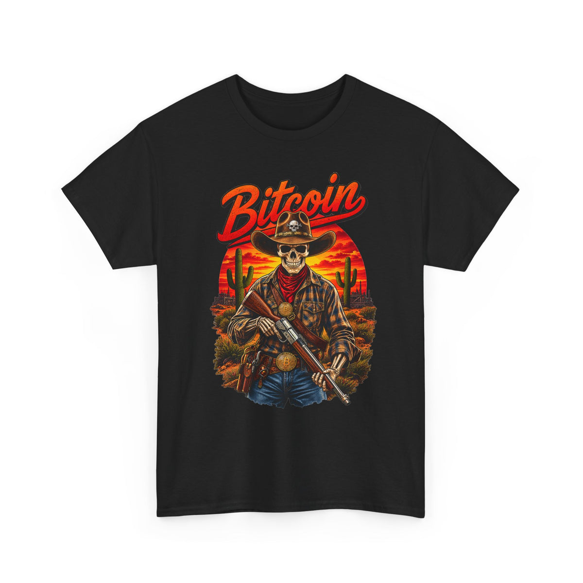 Bitcoin Cowboy Tee | Skeleton Gunslinger, Desert Sunset Crypto Design