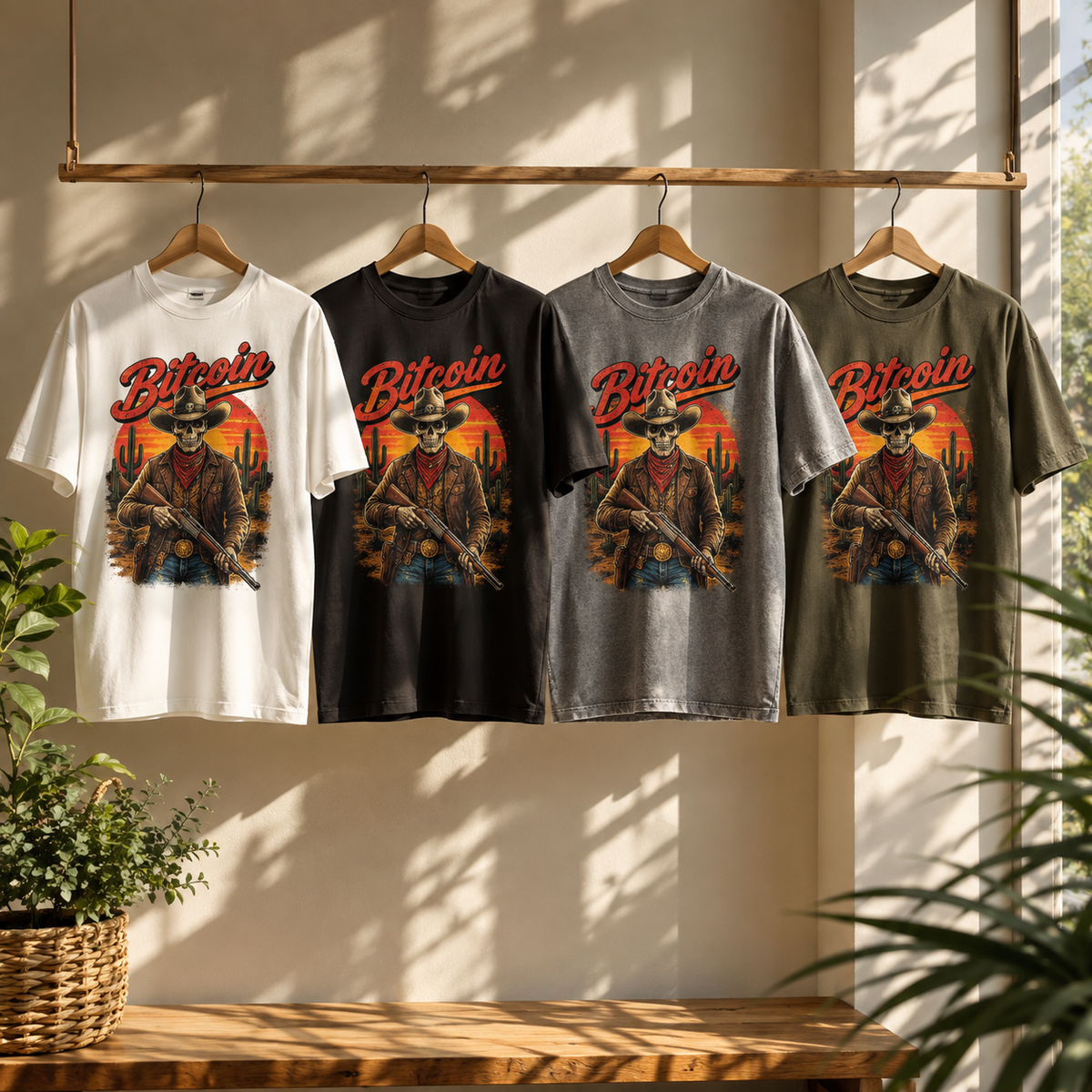 Bitcoin Cowboy Tee | Skeleton Gunslinger, Desert Sunset Crypto Design