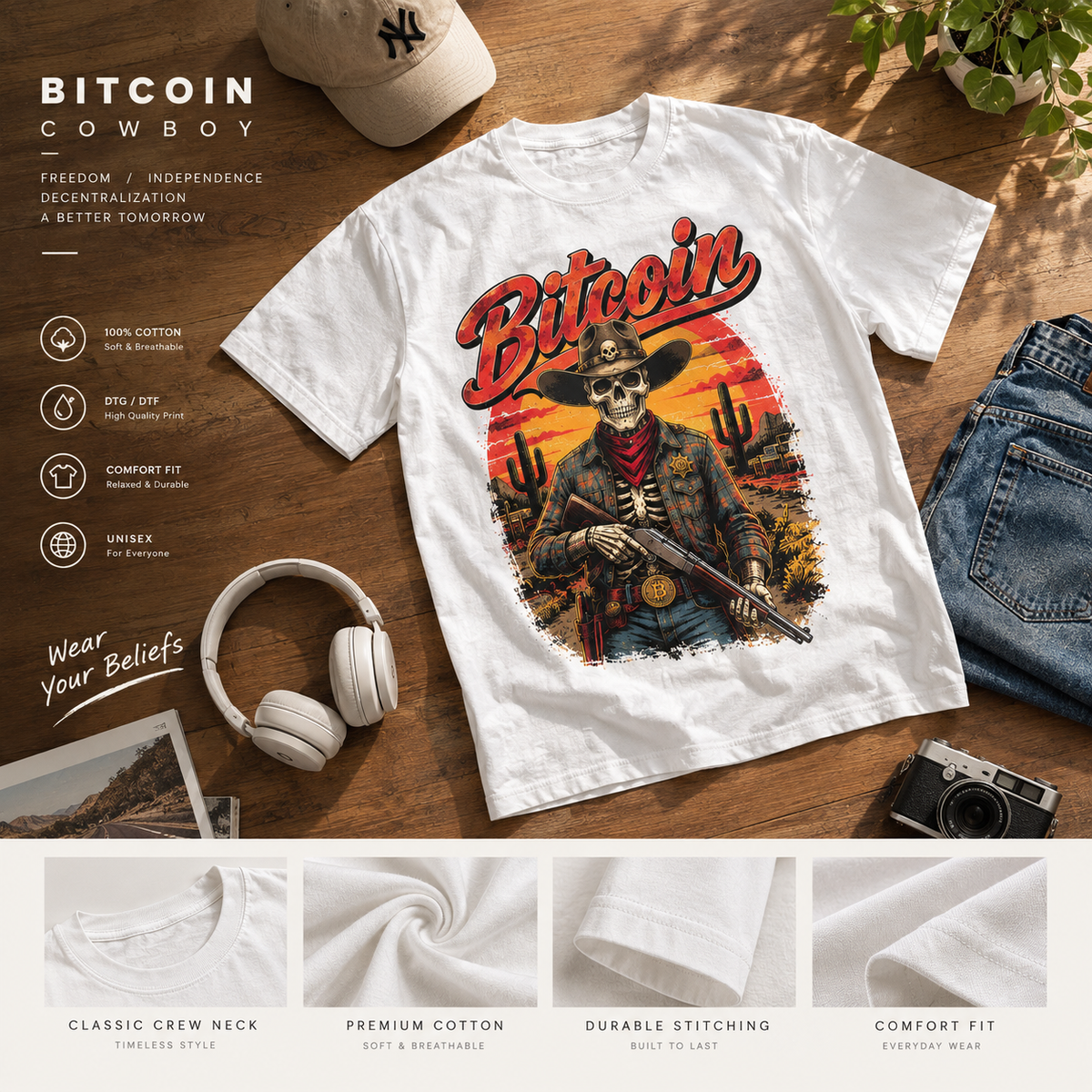 Bitcoin Cowboy Tee | Skeleton Gunslinger, Desert Sunset Crypto Design