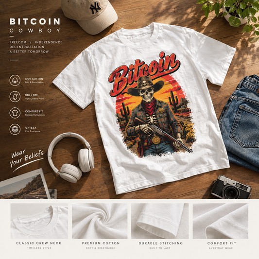 Bitcoin Cowboy Tee | Skeleton Gunslinger, Desert Sunset Crypto Design