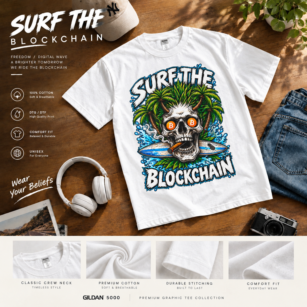 Surf the Blockchain Skull Graphic Tee