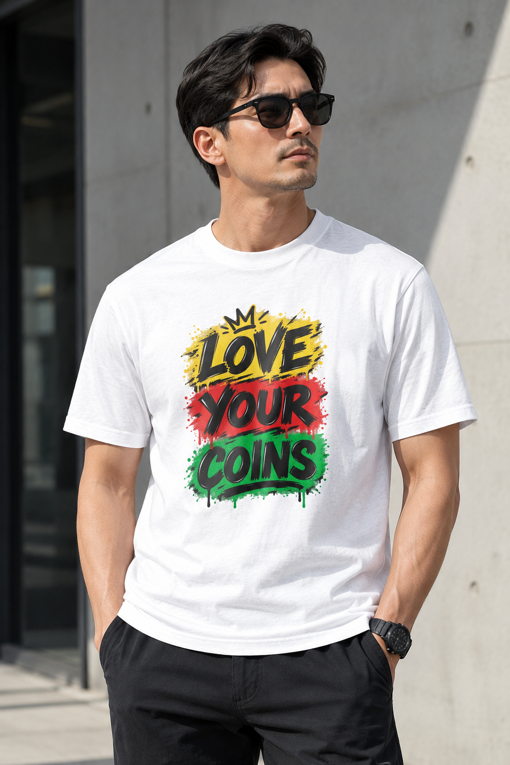 Love Your Coins T-Shirt | Graffiti Rasta Colors, Crypto Money Design