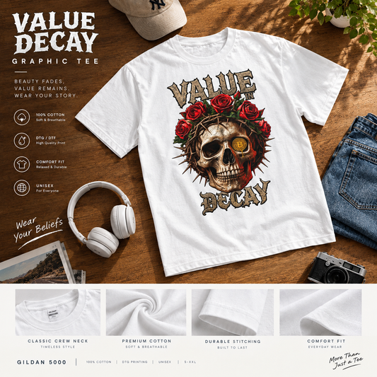 Value in Decay skull tee | Rose crown skull graphic tee