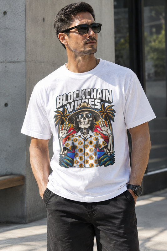 Blockchain Vibes Tee | Skeleton Palm Trees Crypto Surf Shirt