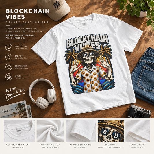 Blockchain Vibes Tee | Skeleton Palm Trees Crypto Surf Shirt