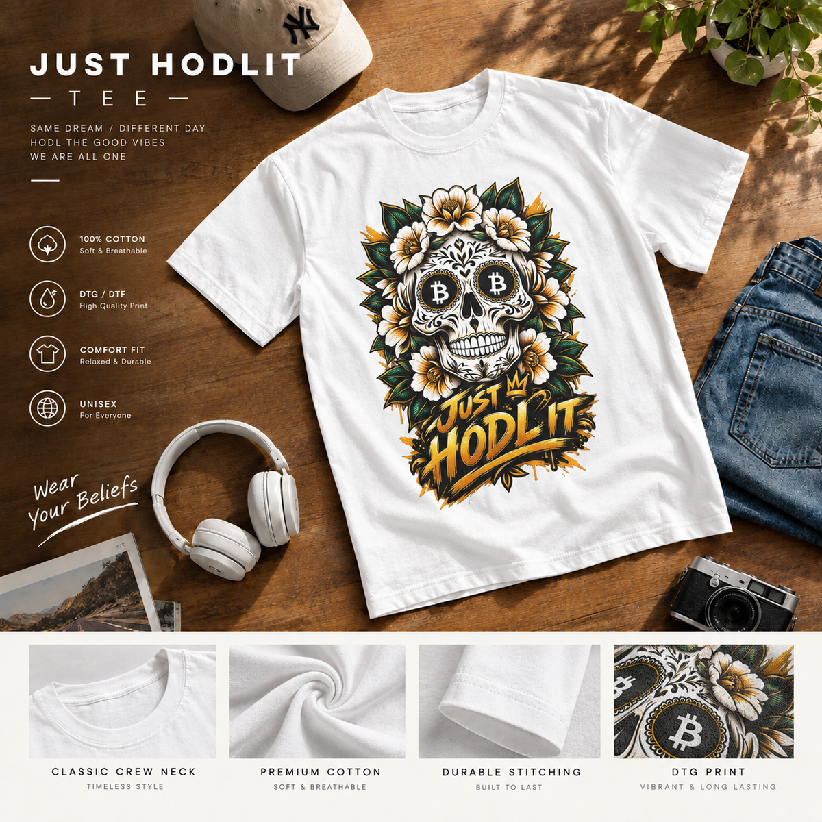 Bitcoin Sugar Skull T-Shirt | HODL Crypto Skull Tee