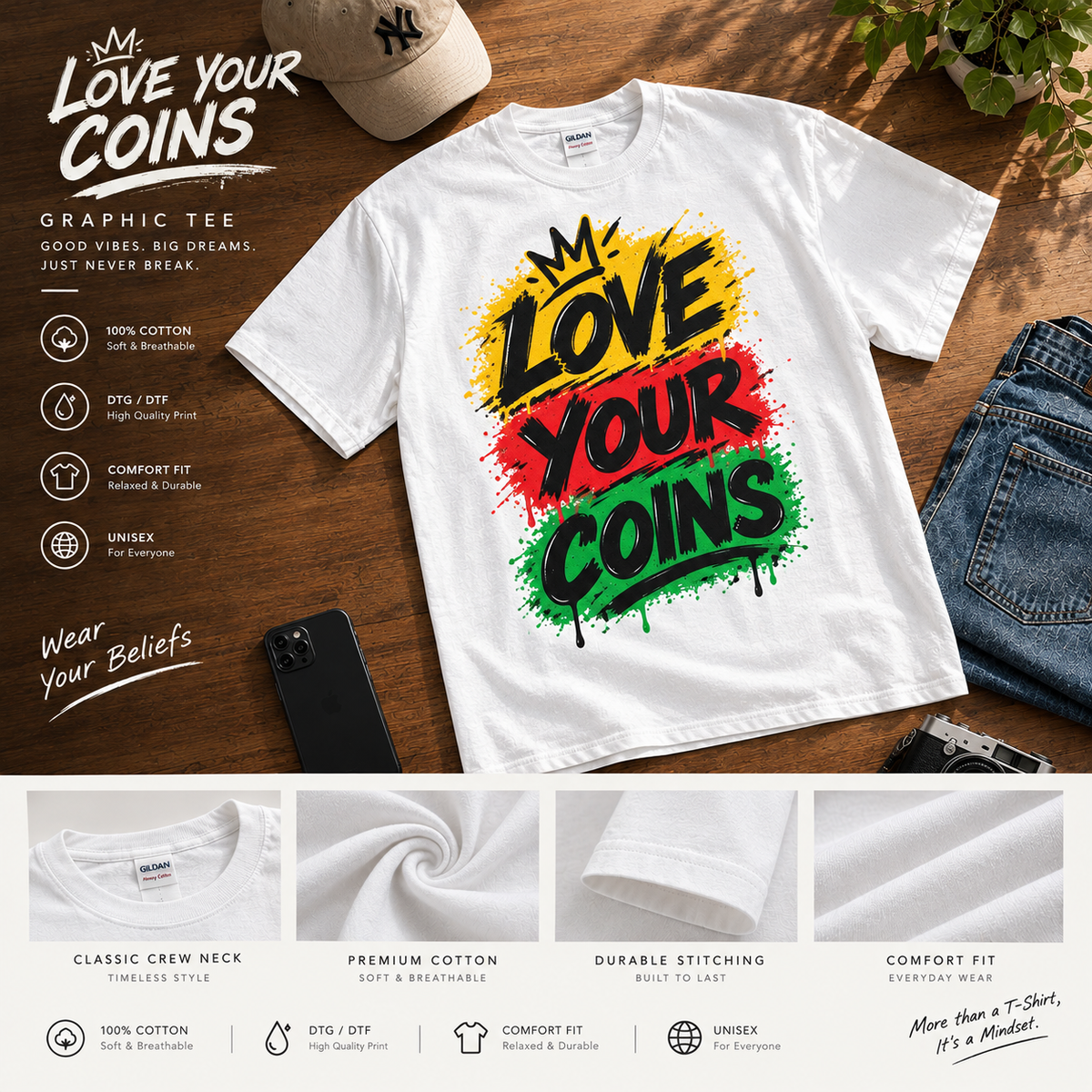 Love Your Coins T-Shirt | Graffiti Rasta Colors, Crypto Money Design