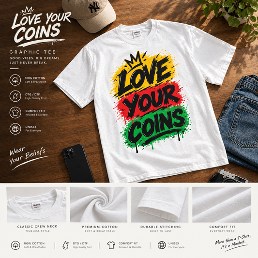 Love Your Coins T-Shirt | Graffiti Rasta Colors, Crypto Money Design
