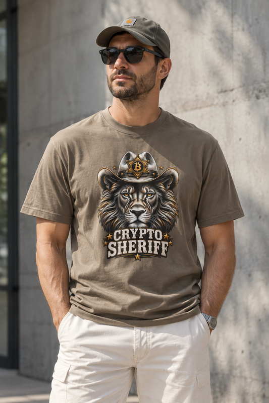 Crypto Sheriff T-Shirt — Lion Cowboy Bitcoin Graphic Tee for Crypto Enthusiasts