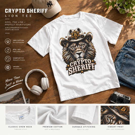 Crypto Sheriff T-Shirt — Lion Cowboy Bitcoin Graphic Tee for Crypto Enthusiasts