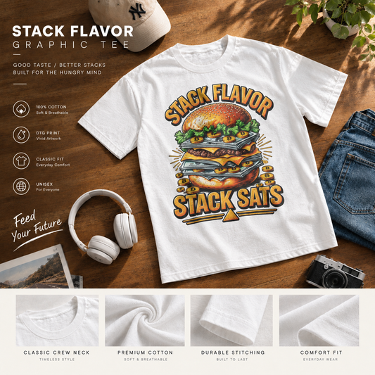 Burger Stack T‑Shirt — "Stack Flavor, Stack Sats" Retro Food Graphic Tee