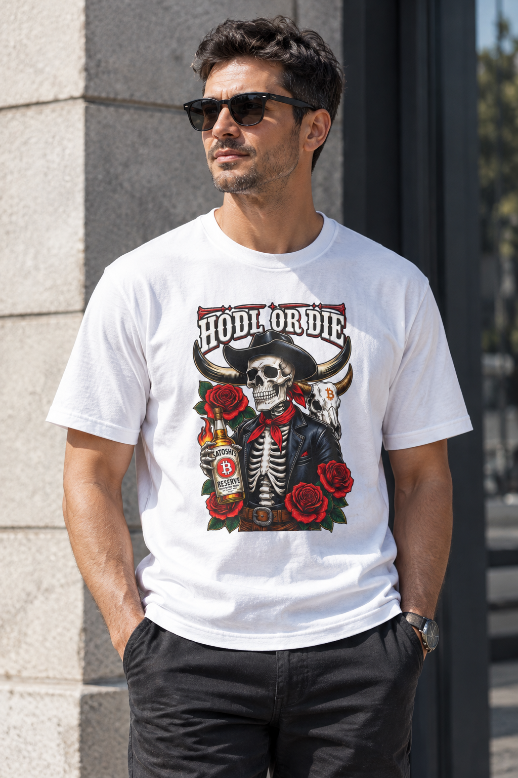 Hodl or Die Skull Cowboy Tee — Crypto HODL Shirt with Roses & Whiskey