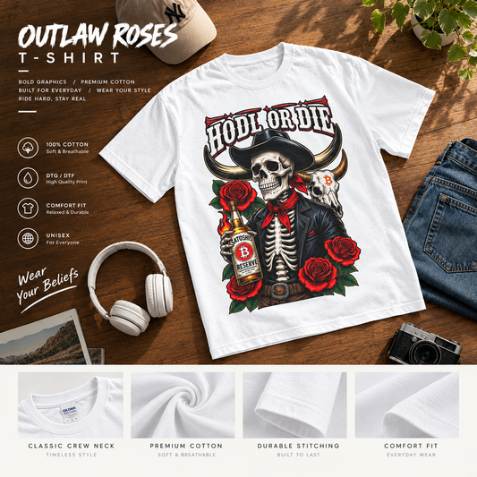 Hodl or Die Skull Cowboy Tee — Crypto HODL Shirt with Roses & Whiskey