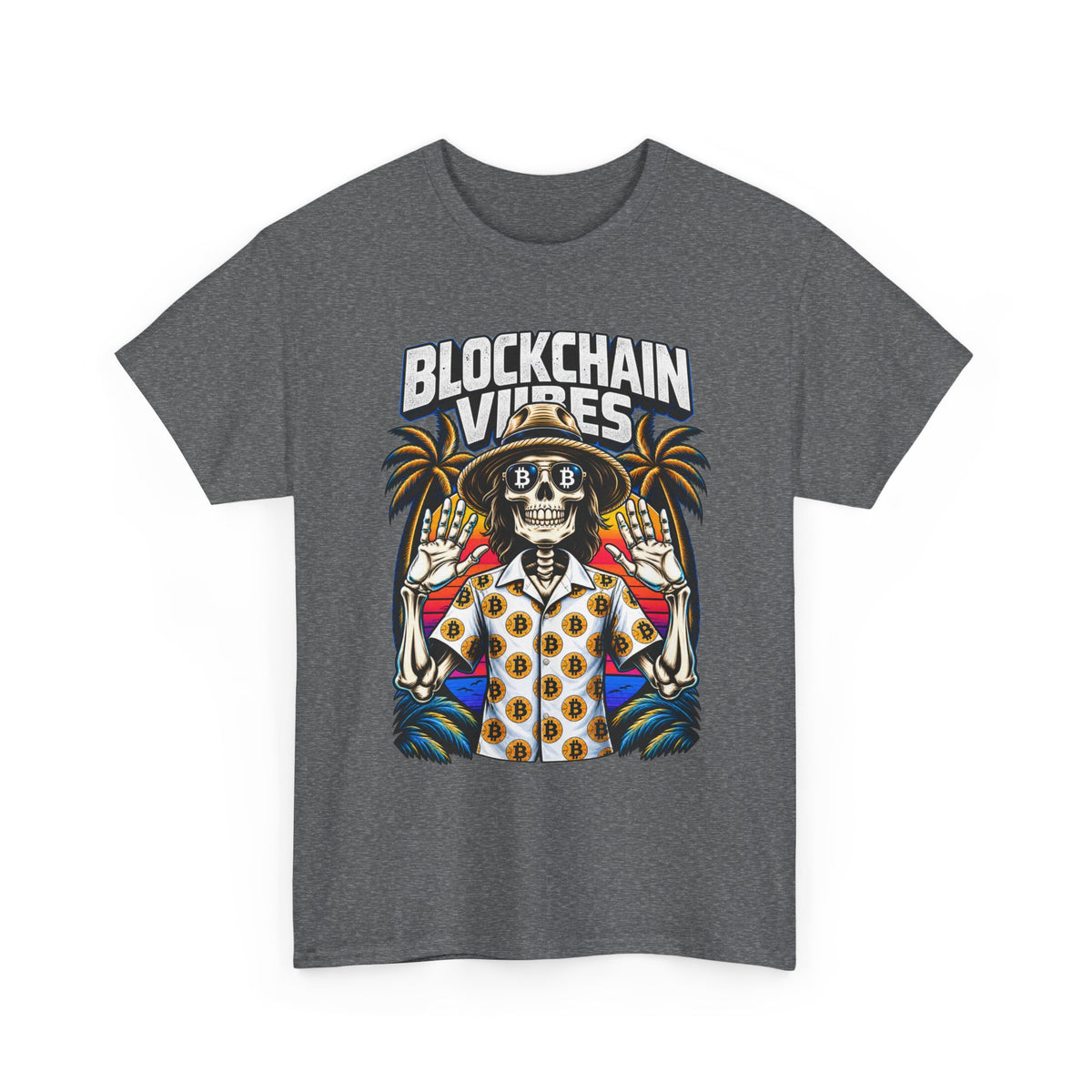 Blockchain Vibes Tee | Skeleton Palm Trees Crypto Surf Shirt