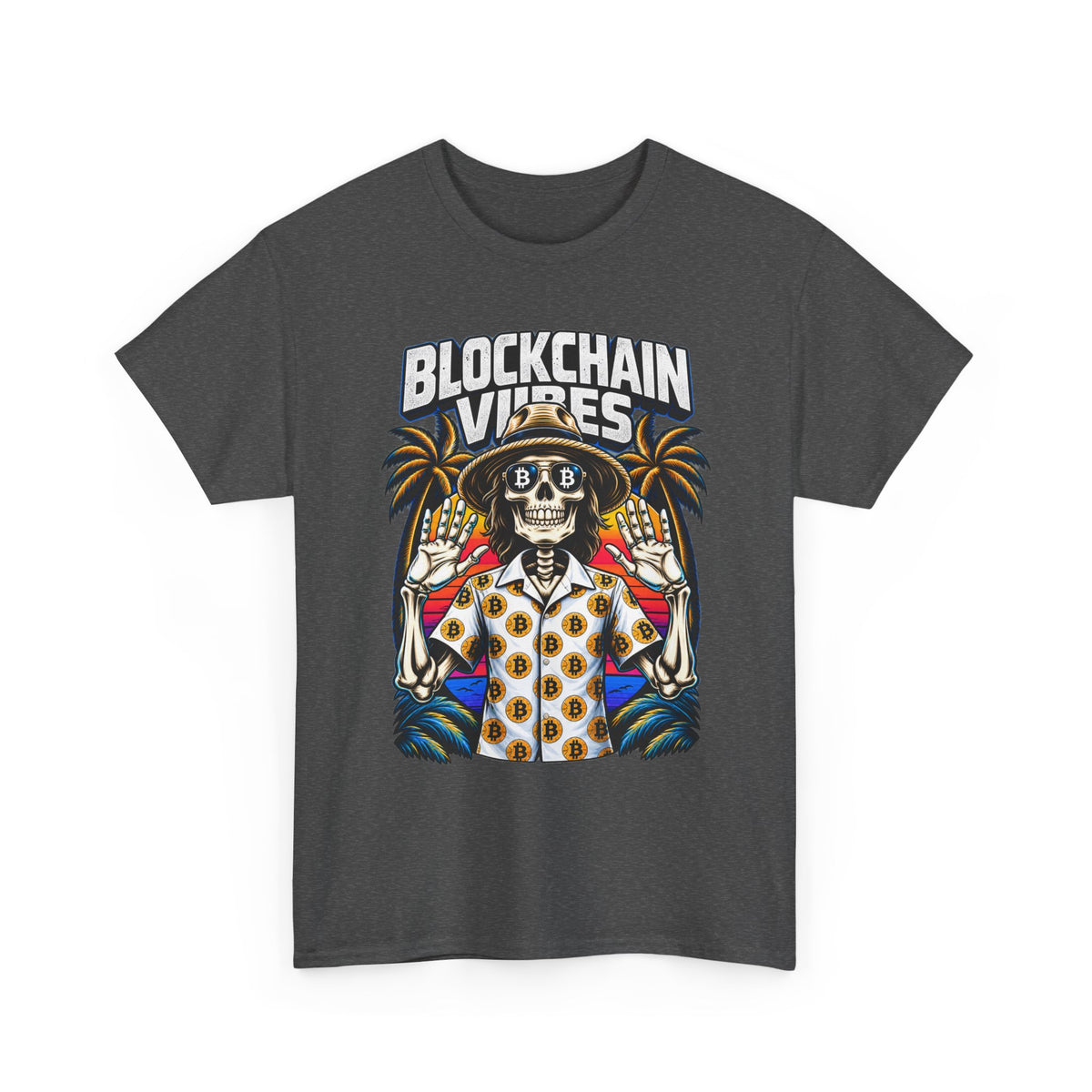 Blockchain Vibes Tee | Skeleton Palm Trees Crypto Surf Shirt