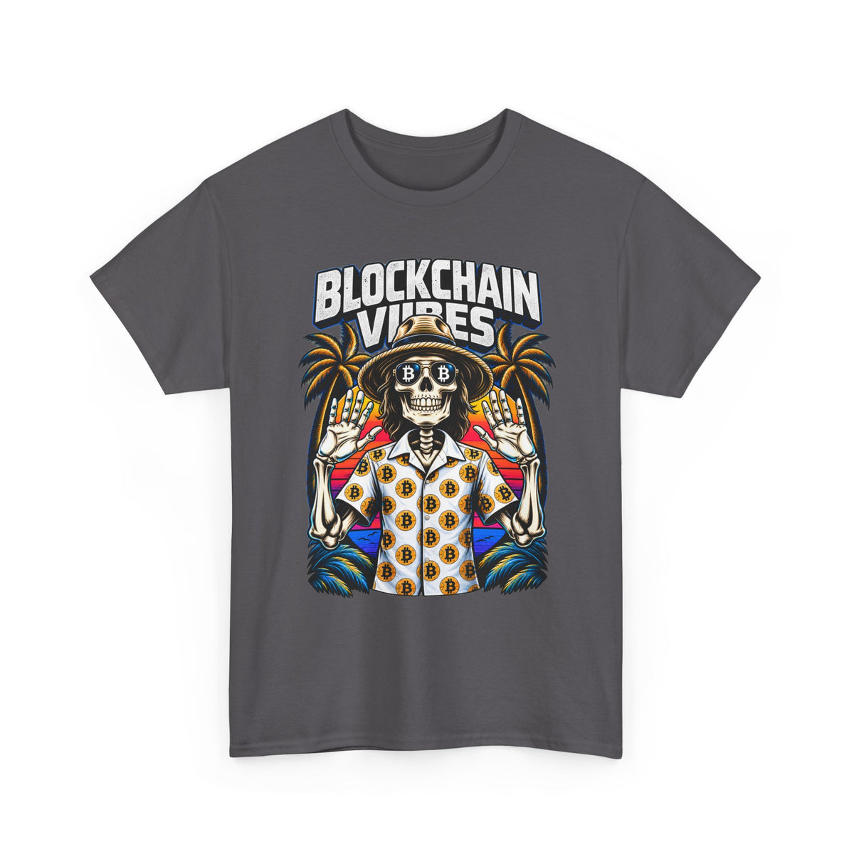 Blockchain Vibes Tee | Skeleton Palm Trees Crypto Surf Shirt