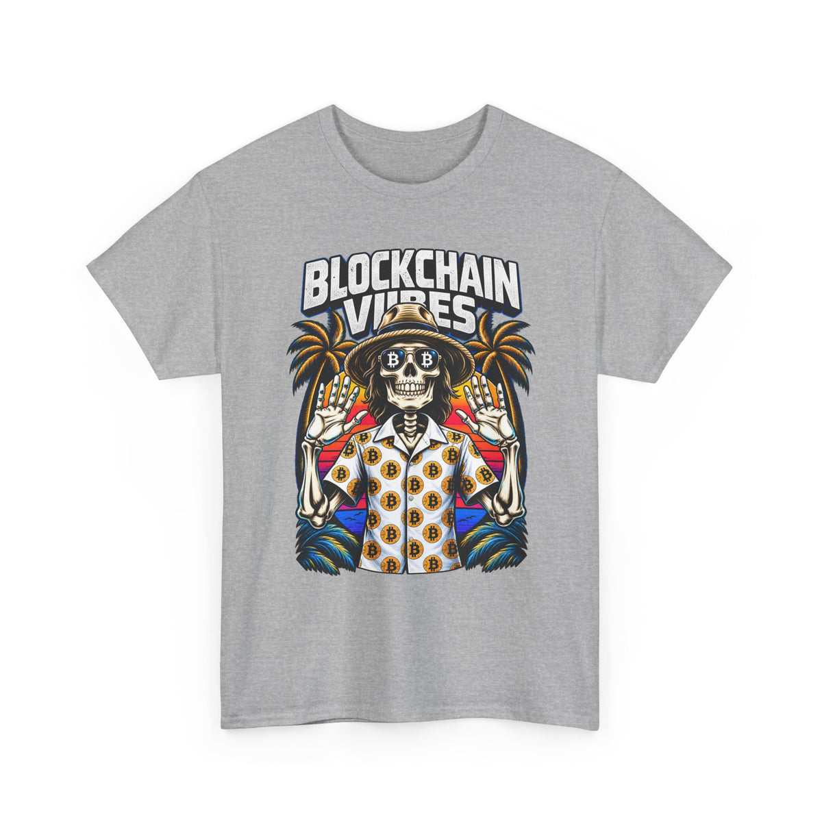 Blockchain Vibes Tee | Skeleton Palm Trees Crypto Surf Shirt