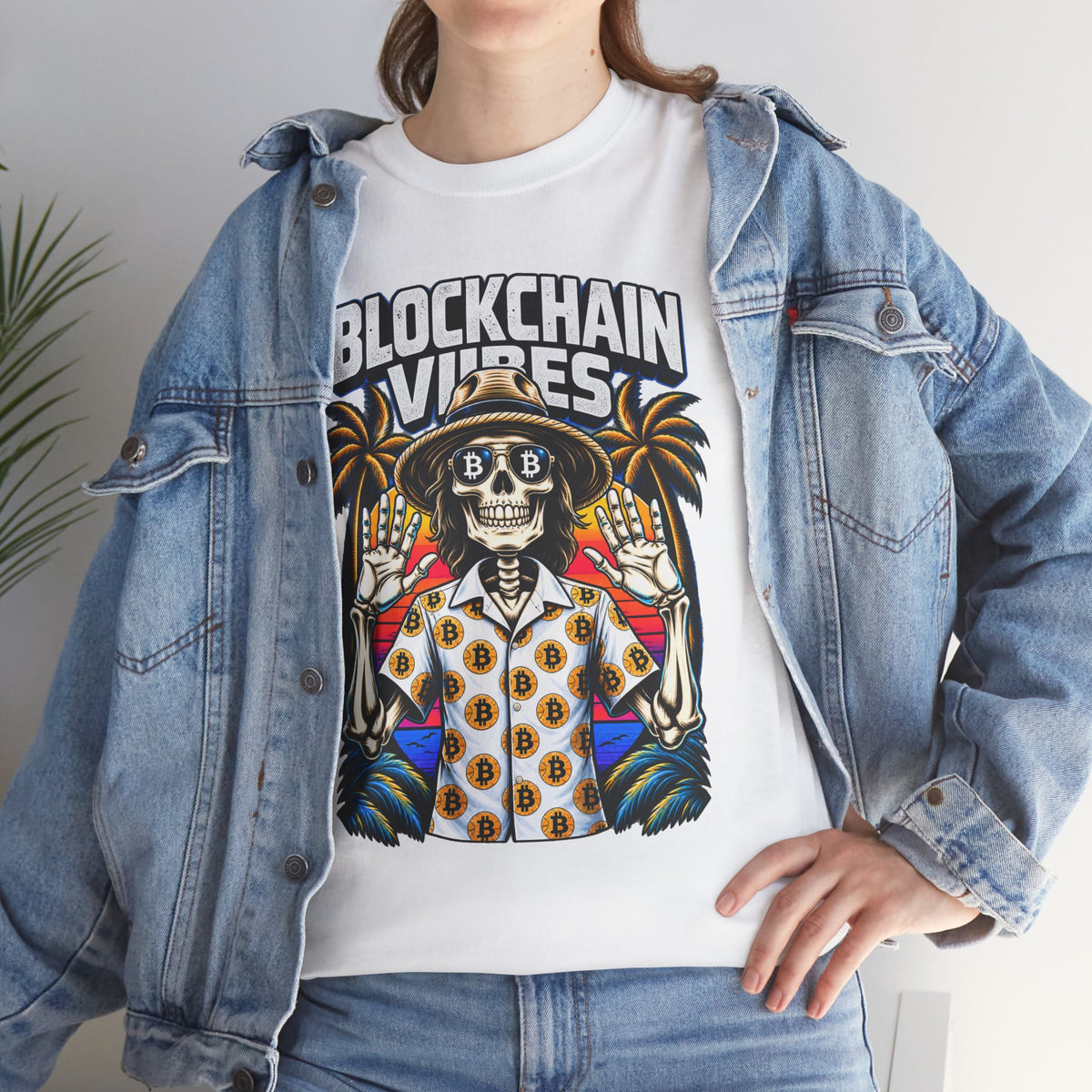 Blockchain Vibes Tee | Skeleton Palm Trees Crypto Surf Shirt