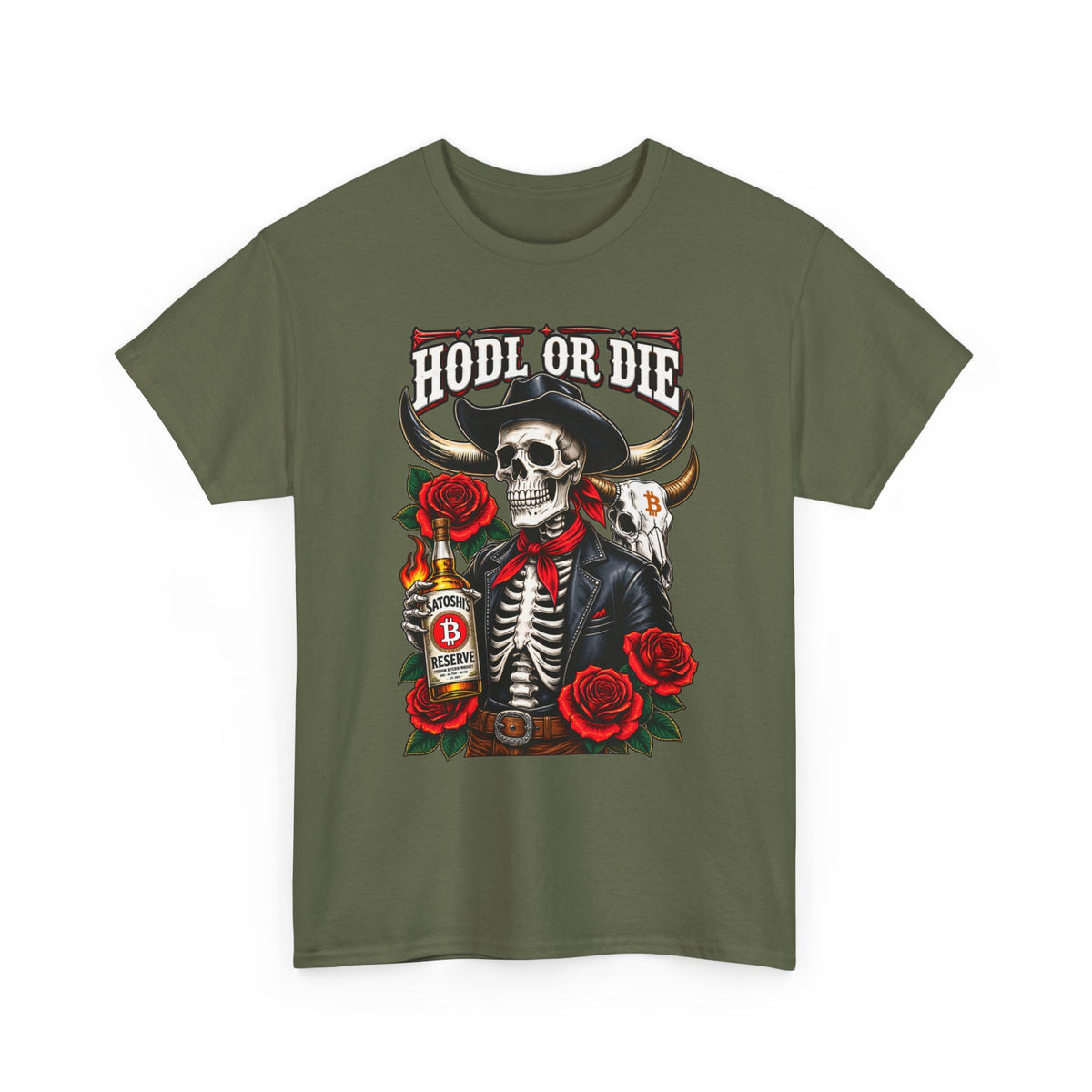 Hodl or Die Skull Cowboy Tee — Crypto HODL Shirt with Roses & Whiskey