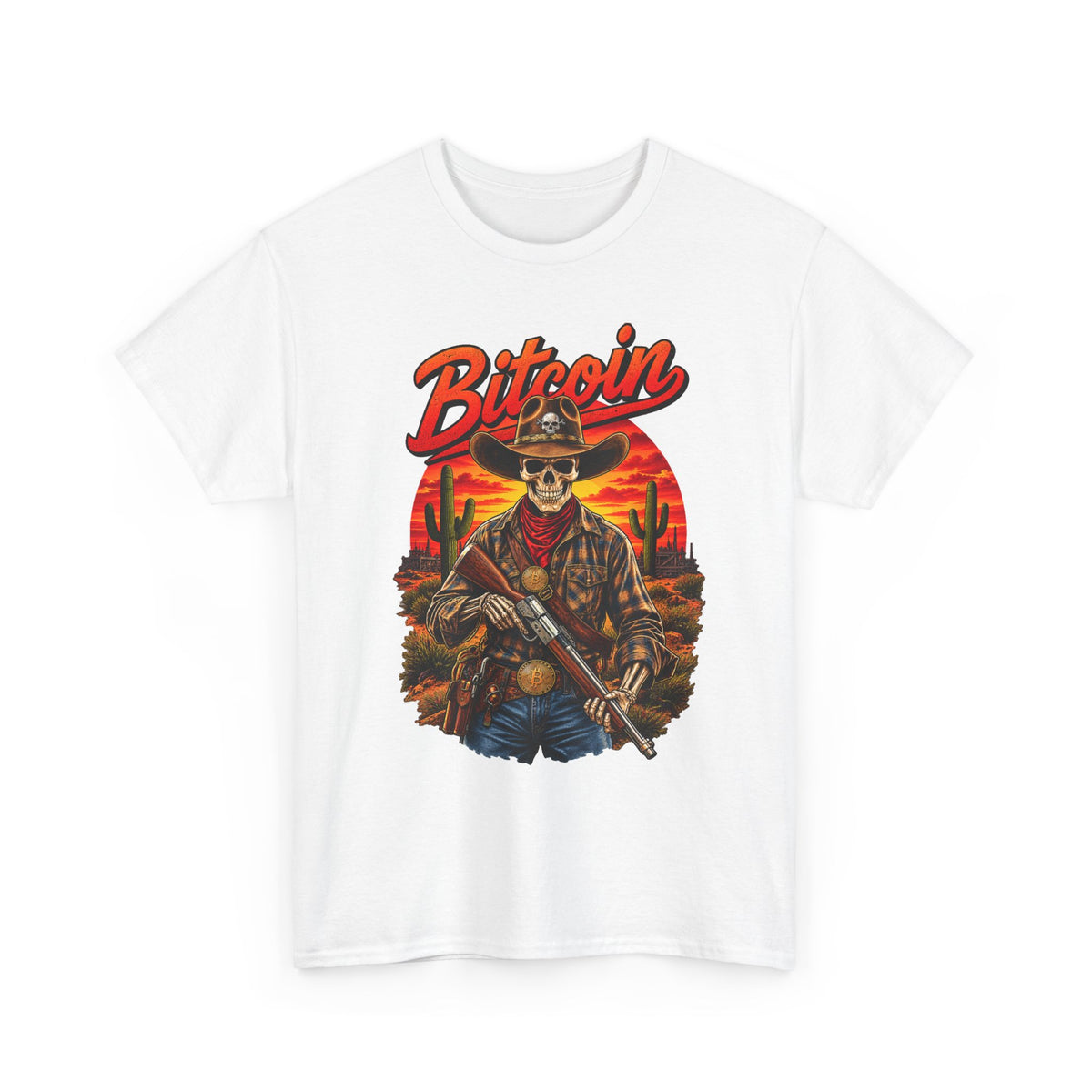 Bitcoin Cowboy Tee | Skeleton Gunslinger, Desert Sunset Crypto Design