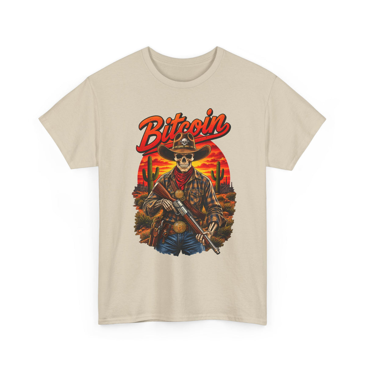 Bitcoin Cowboy Tee | Skeleton Gunslinger, Desert Sunset Crypto Design